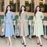  Đầm peplum cổ V bèo đính nút bọc  - D3235 