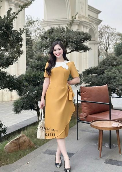  Đầm cổ tròn nhún eo đính hạt ngọc - D3238 