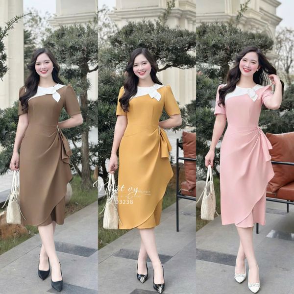  Đầm cổ tròn nhún eo đính hạt ngọc - D3238 