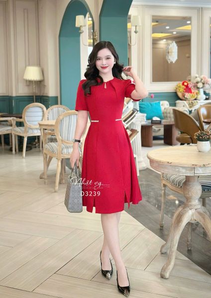  Đầm cổ tròn đính nút ngọc eo viền ren - D3239 