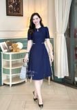  Đầm cổ tròn đính nút ngọc eo viền ren - D3239 