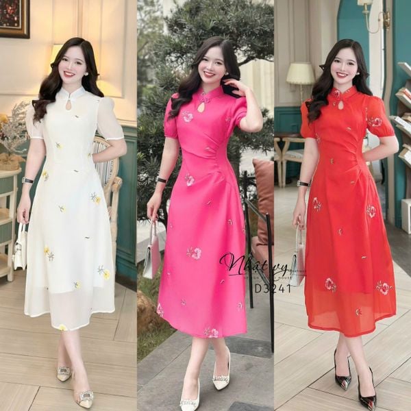  Đầm cổ tàu thêu hoa form dáng xòe - D3241 