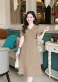  Đầm cổ V bèo đính nút bọc form dáng ôm - D3244 