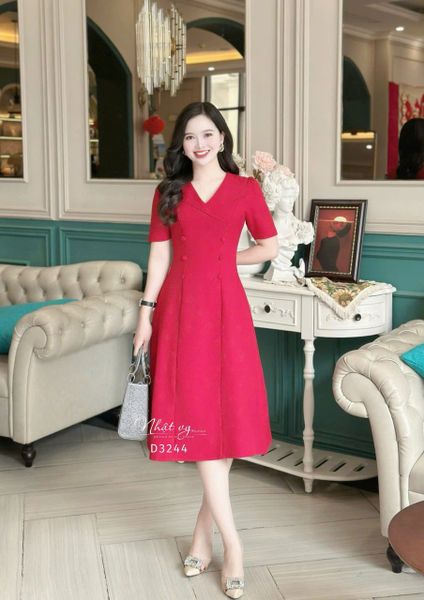  Đầm cổ V bèo đính nút bọc form dáng ôm - D3244 