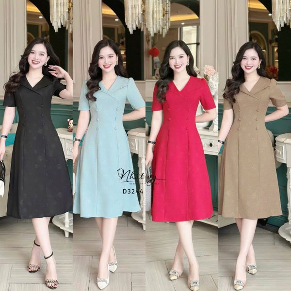  Đầm cổ V bèo đính nút bọc form dáng ôm - D3244 
