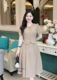  Set áo cổ tròn cài nút bọc phối chân váy dáng dài - D3248 
