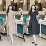  Set áo cổ tròn cài nút bọc phối chân váy dáng dài - D3248 