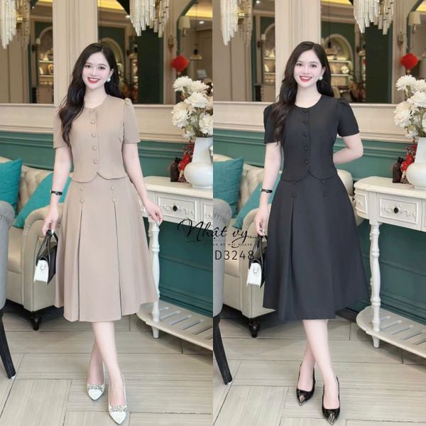  Set áo cổ tròn cài nút bọc phối chân váy dáng dài - D3248 