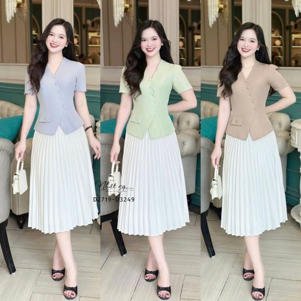  Áo cổ V đính nút bọc xẻ tà cách điệu - D3249 