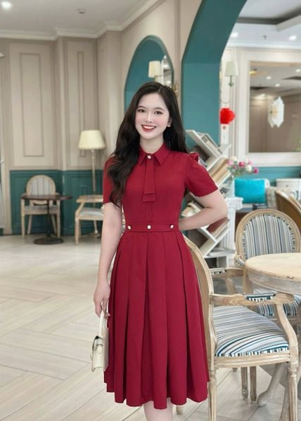  Đầm cổ sơ mi đính nút kiểu xếp ly - D3256 