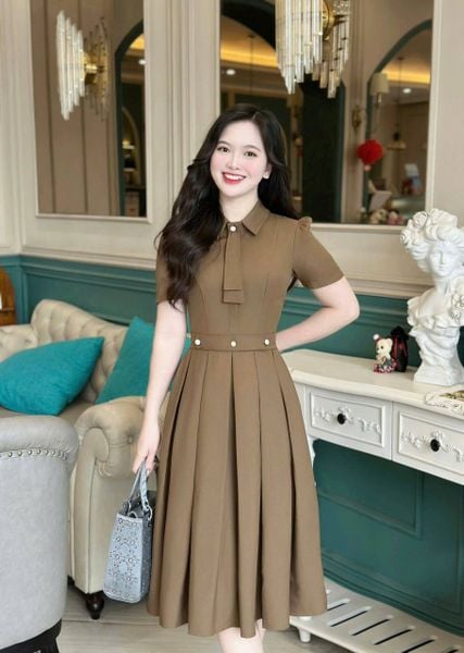  Đầm cổ sơ mi đính nút kiểu xếp ly - D3256 
