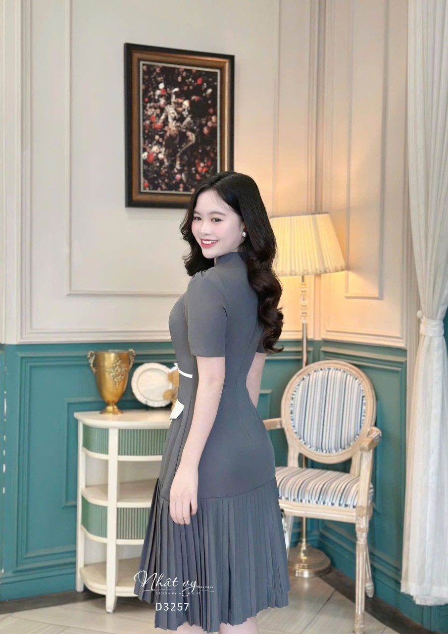  Đầm cổ V phối bèo eo đính nơ liền - D3257 