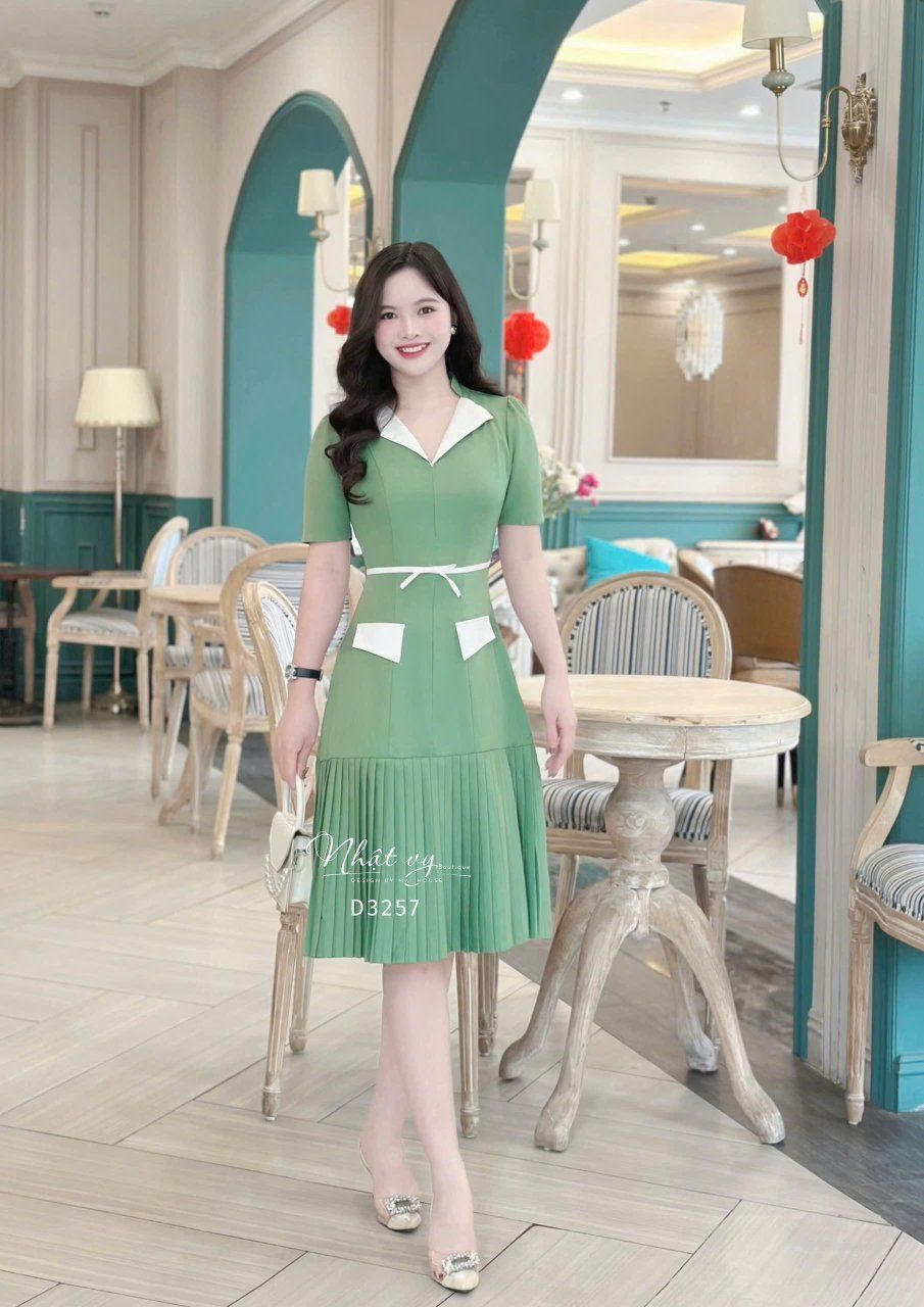  Đầm cổ V phối bèo eo đính nơ liền - D3257 