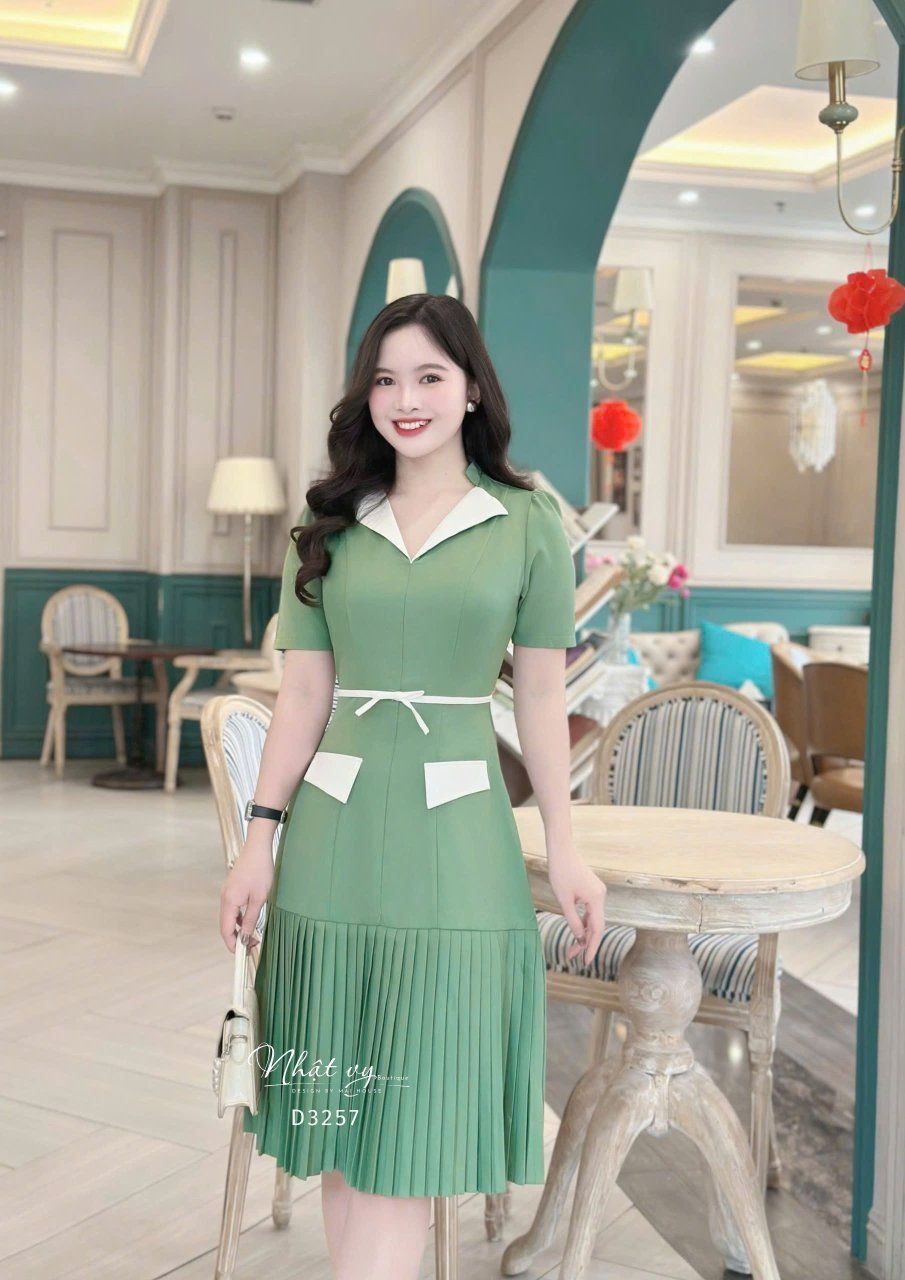  Đầm cổ V phối bèo eo đính nơ liền - D3257 