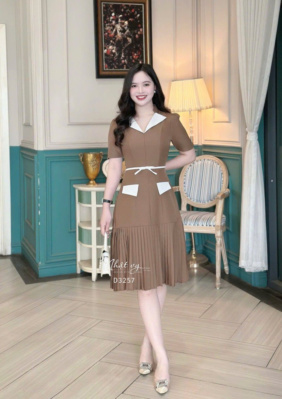  Đầm cổ V phối bèo eo đính nơ liền - D3257 