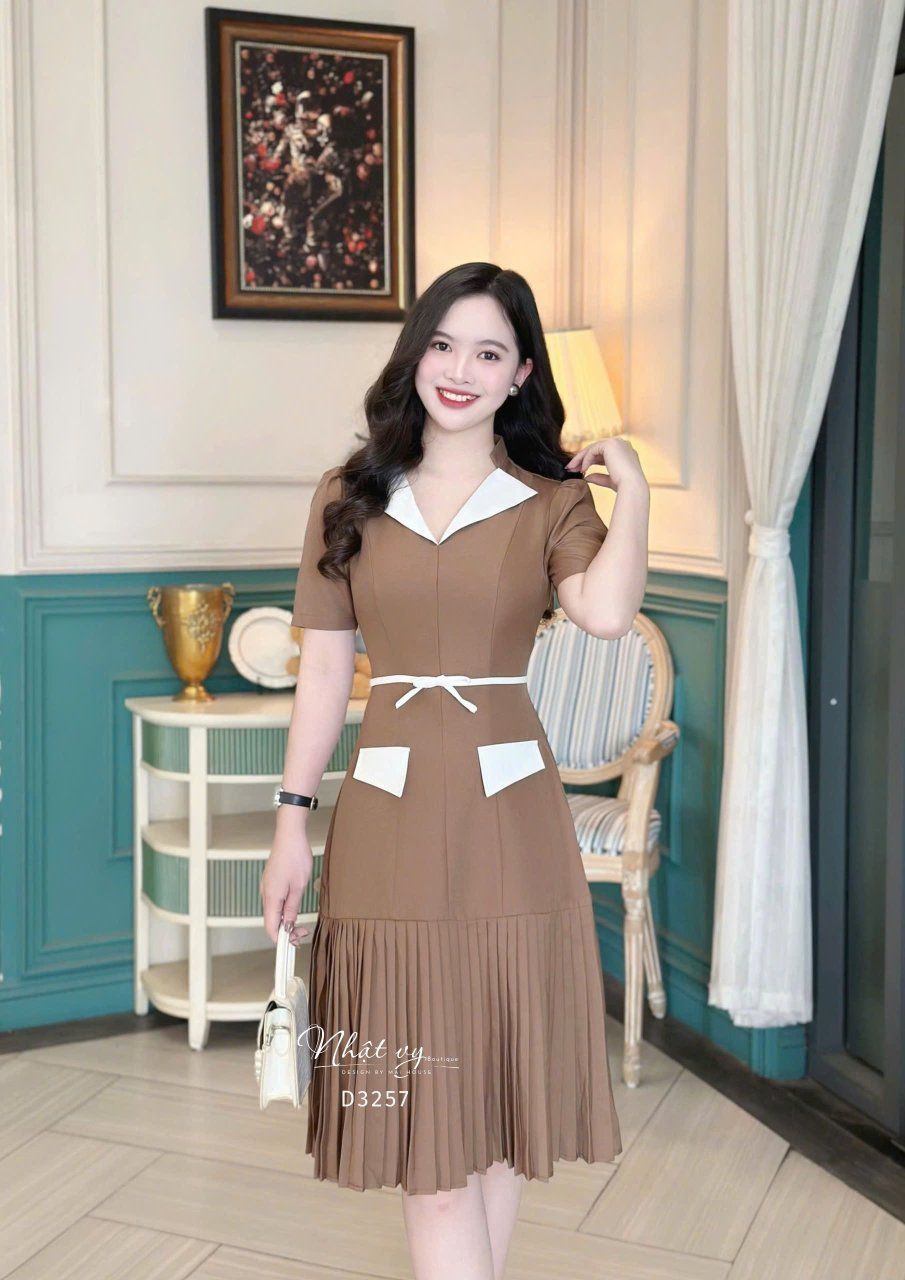  Đầm cổ V phối bèo eo đính nơ liền - D3257 