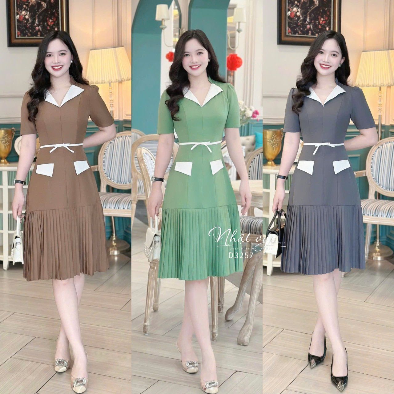  Đầm cổ V phối bèo eo đính nơ liền - D3257 