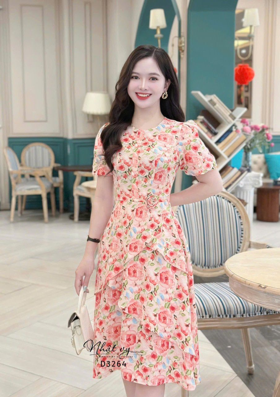  Đầm hoa cổ tròn form dáng xoè - D3264 