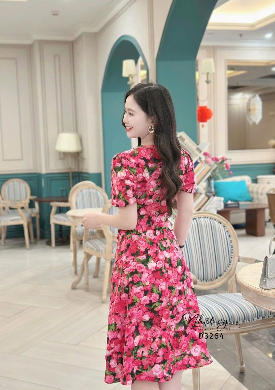  Đầm hoa cổ tròn form dáng xoè - D3264 