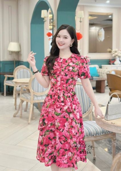  Đầm hoa cổ tròn form dáng xoè - D3264 