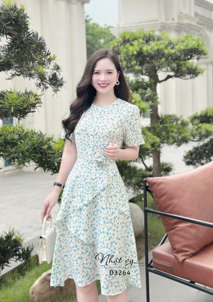  Đầm hoa cổ tròn form dáng xoè - D3264 