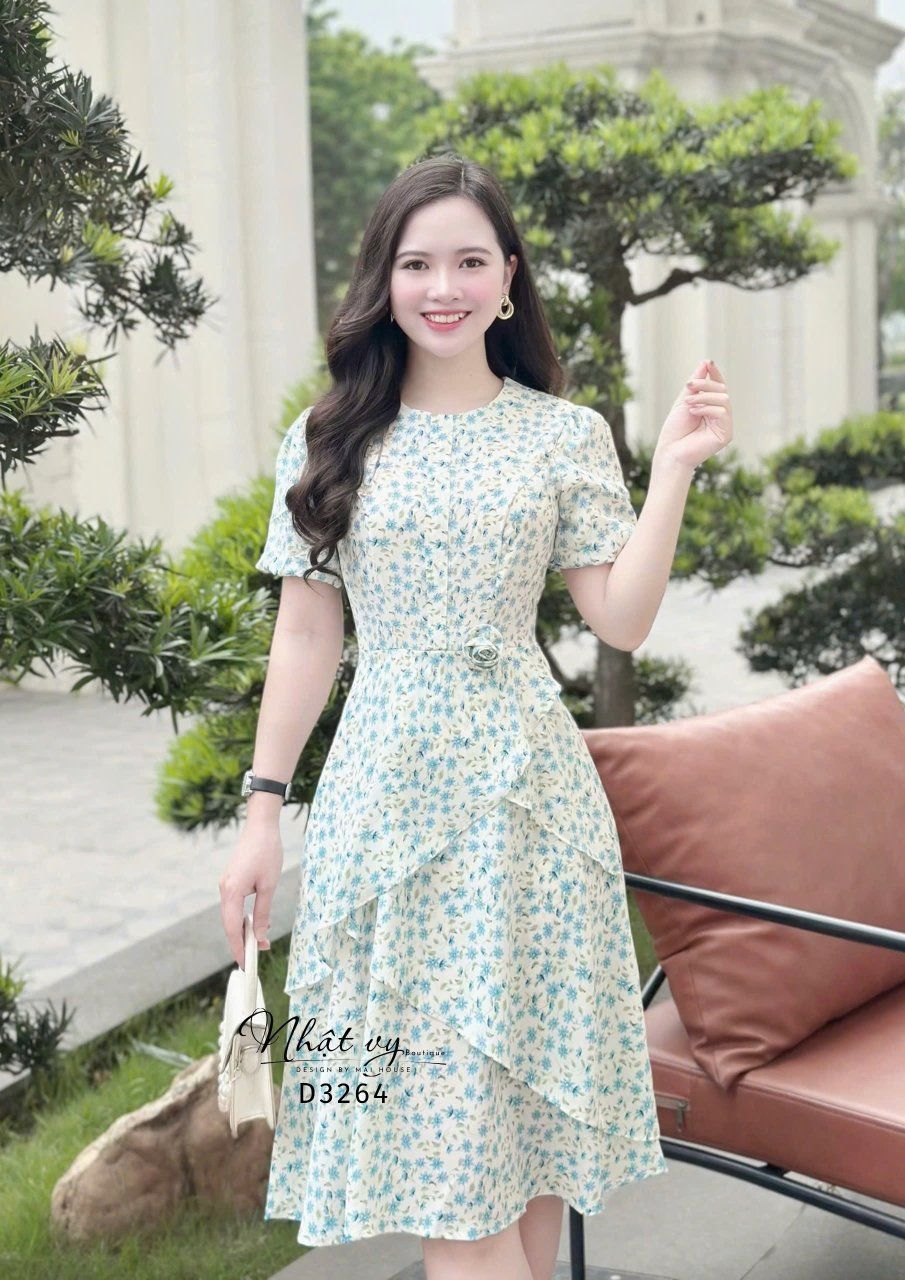  Đầm hoa cổ tròn form dáng xoè - D3264 