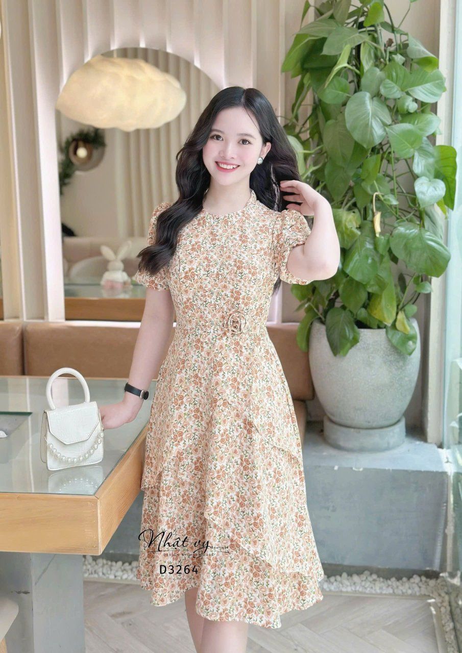  Đầm hoa cổ tròn form dáng xoè - D3264 