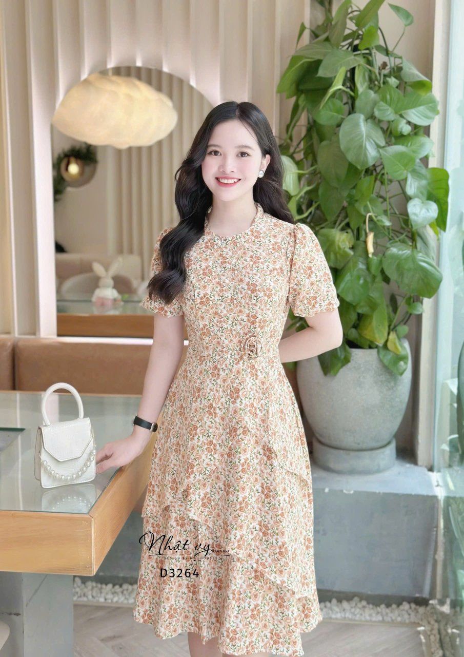  Đầm hoa cổ tròn form dáng xoè - D3264 