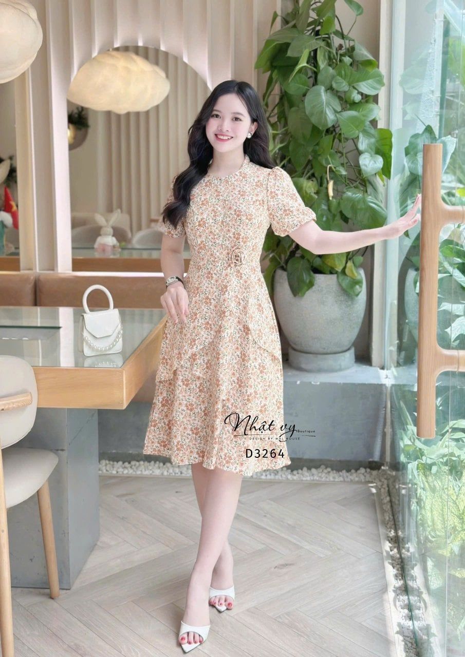  Đầm hoa cổ tròn form dáng xoè - D3264 