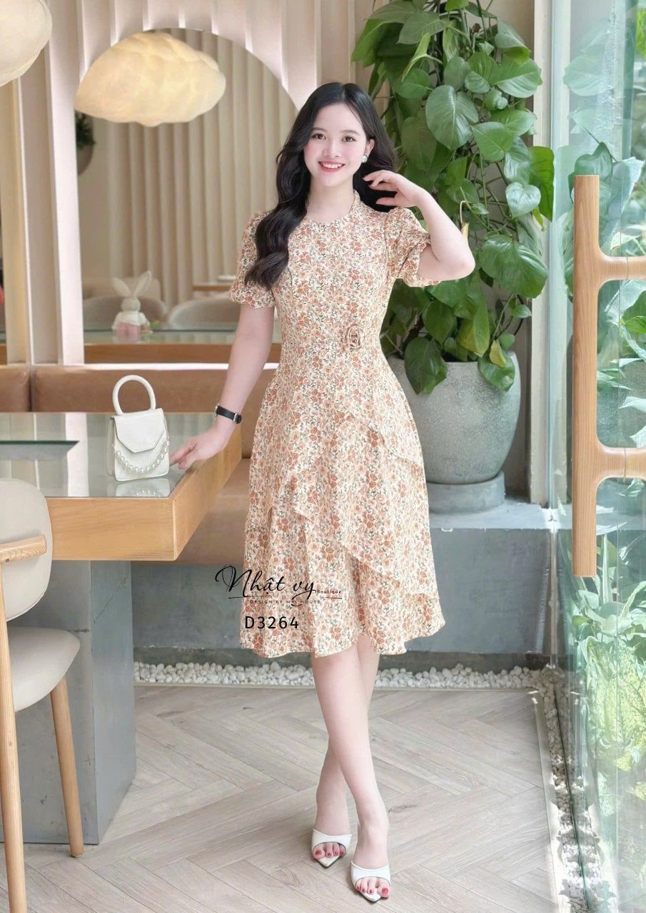  Đầm hoa cổ tròn form dáng xoè - D3264 