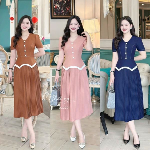  Đầm peplum viền chỉ cách điệu đính nút bọc - D3270 