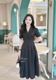  Đầm xốp hoa cổ V xếp ly đính nút bọc - D3273 