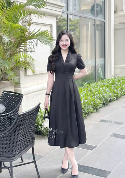  Đầm xốp hoa cổ V xếp ly đính nút bọc - D3273 