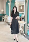  Đầm xốp hoa cổ V xếp ly đính nút bọc - D3273 