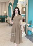  Đầm xốp hoa cổ V xếp ly đính nút bọc - D3273 