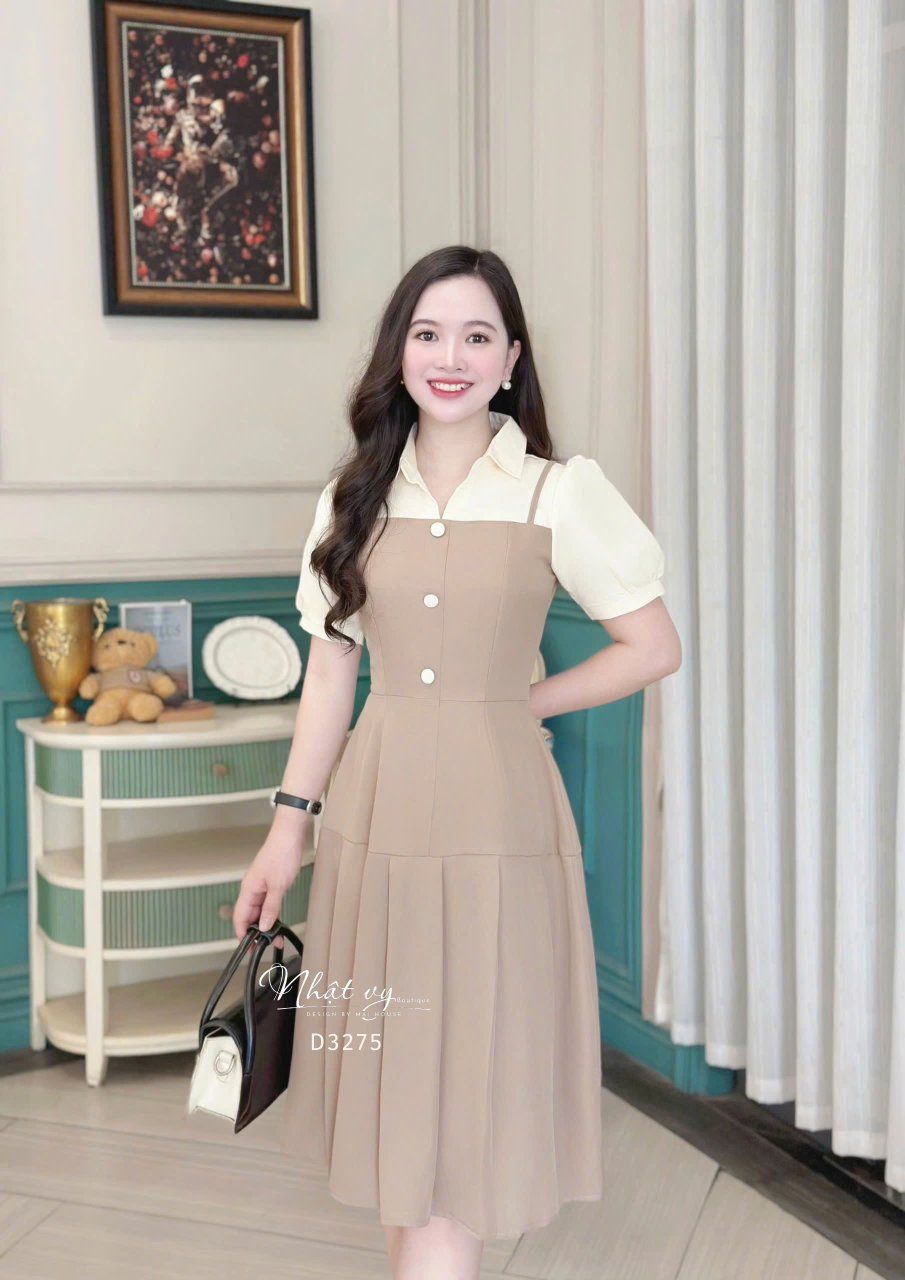  Đầm 2 dây phối cổ sơ mi đính nút giả - D3275 