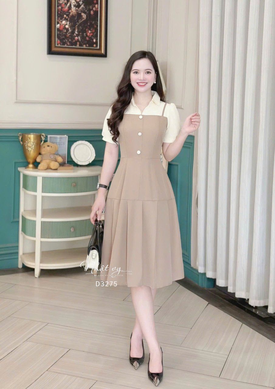  Đầm 2 dây phối cổ sơ mi đính nút giả - D3275 