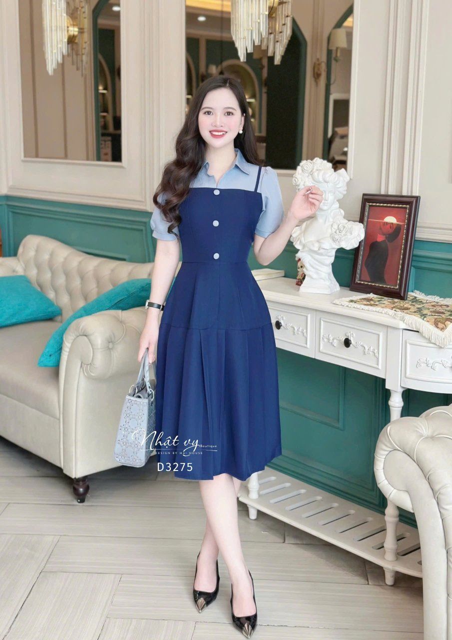  Đầm 2 dây phối cổ sơ mi đính nút giả - D3275 