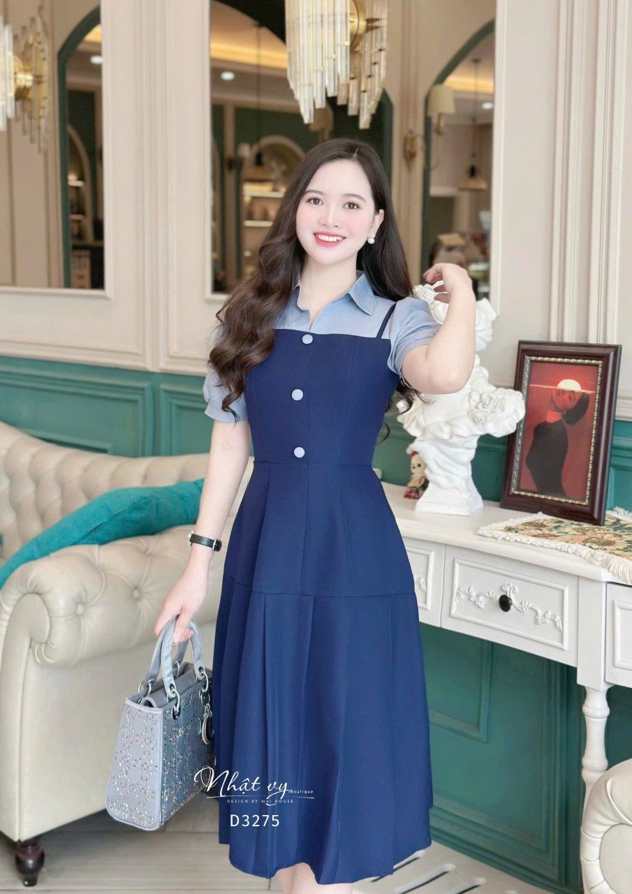  Đầm 2 dây phối cổ sơ mi đính nút giả - D3275 