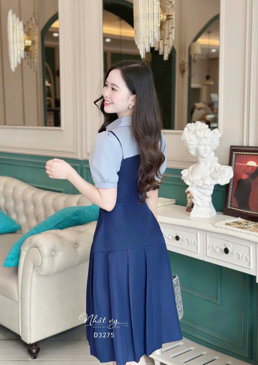  Đầm 2 dây phối cổ sơ mi đính nút giả - D3275 