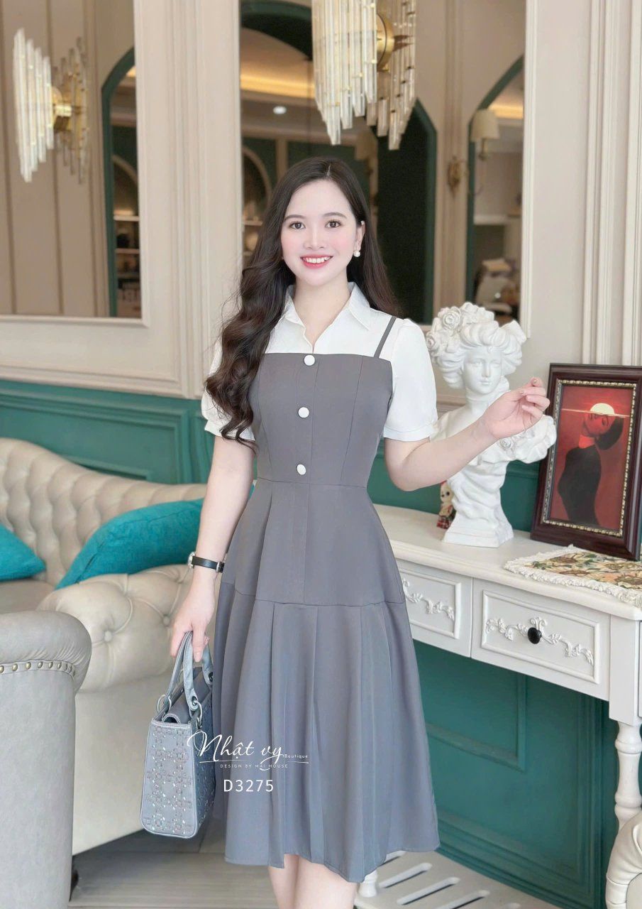  Đầm 2 dây phối cổ sơ mi đính nút giả - D3275 