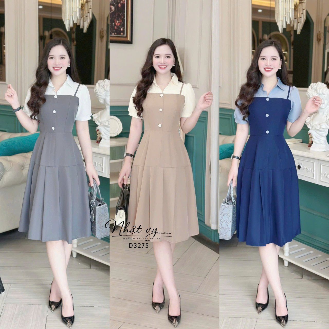  Đầm 2 dây phối cổ sơ mi đính nút giả - D3275 