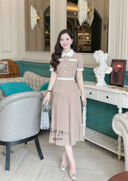  Đầm xếp ly dáng dài cổ tròn đính cúc bọc - D3276 