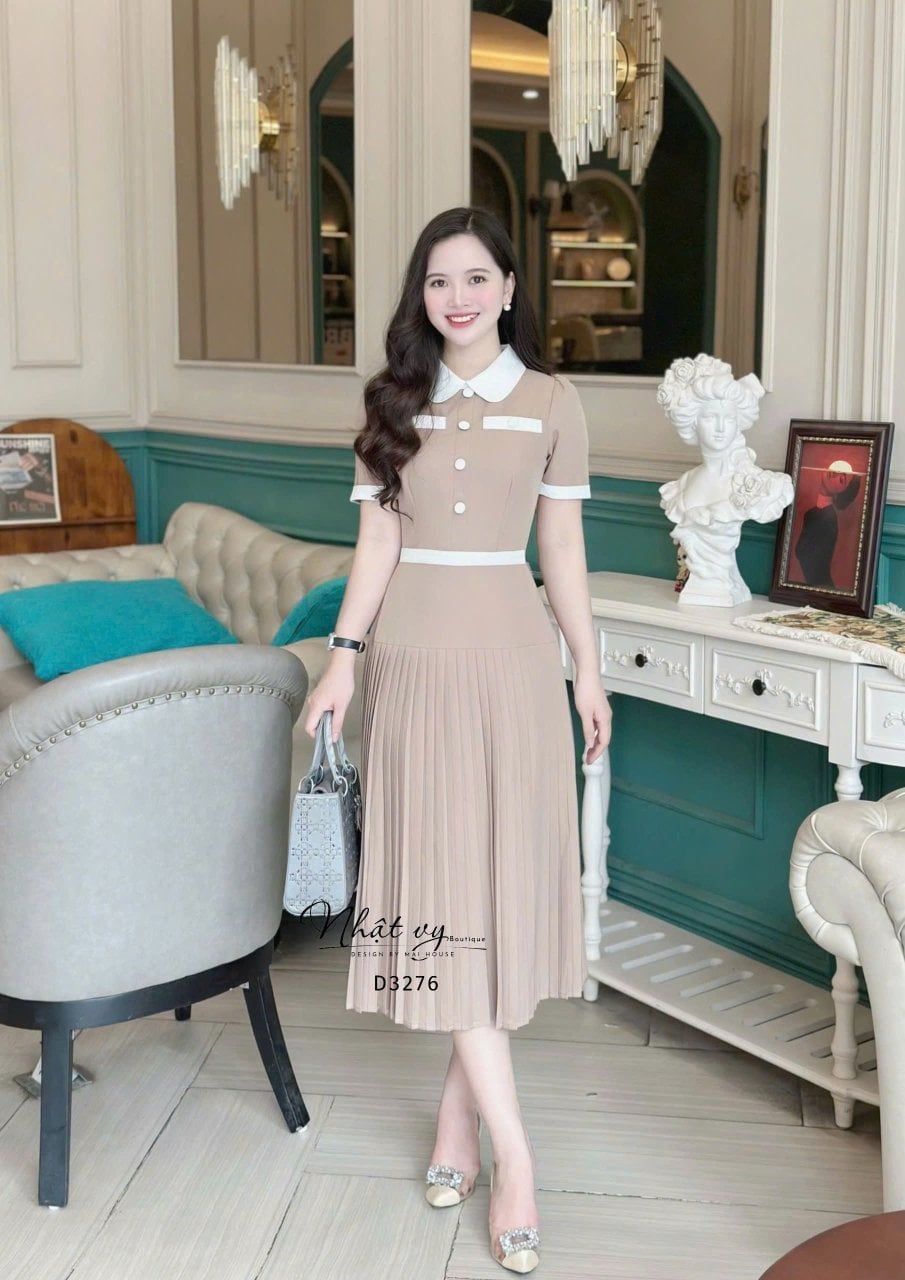  Đầm xếp ly dáng dài cổ tròn đính cúc bọc - D3276 