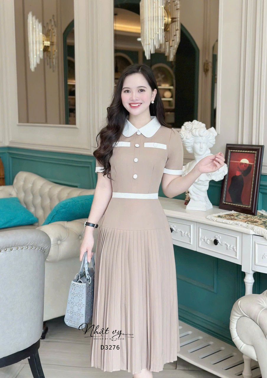  Đầm xếp ly dáng dài cổ tròn đính cúc bọc - D3276 