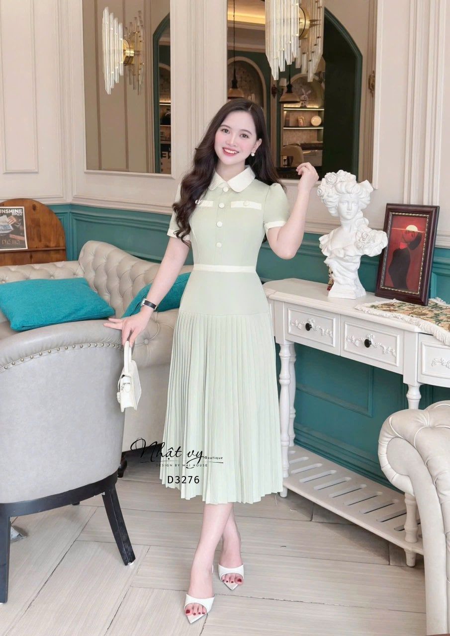  Đầm xếp ly dáng dài cổ tròn đính cúc bọc - D3276 