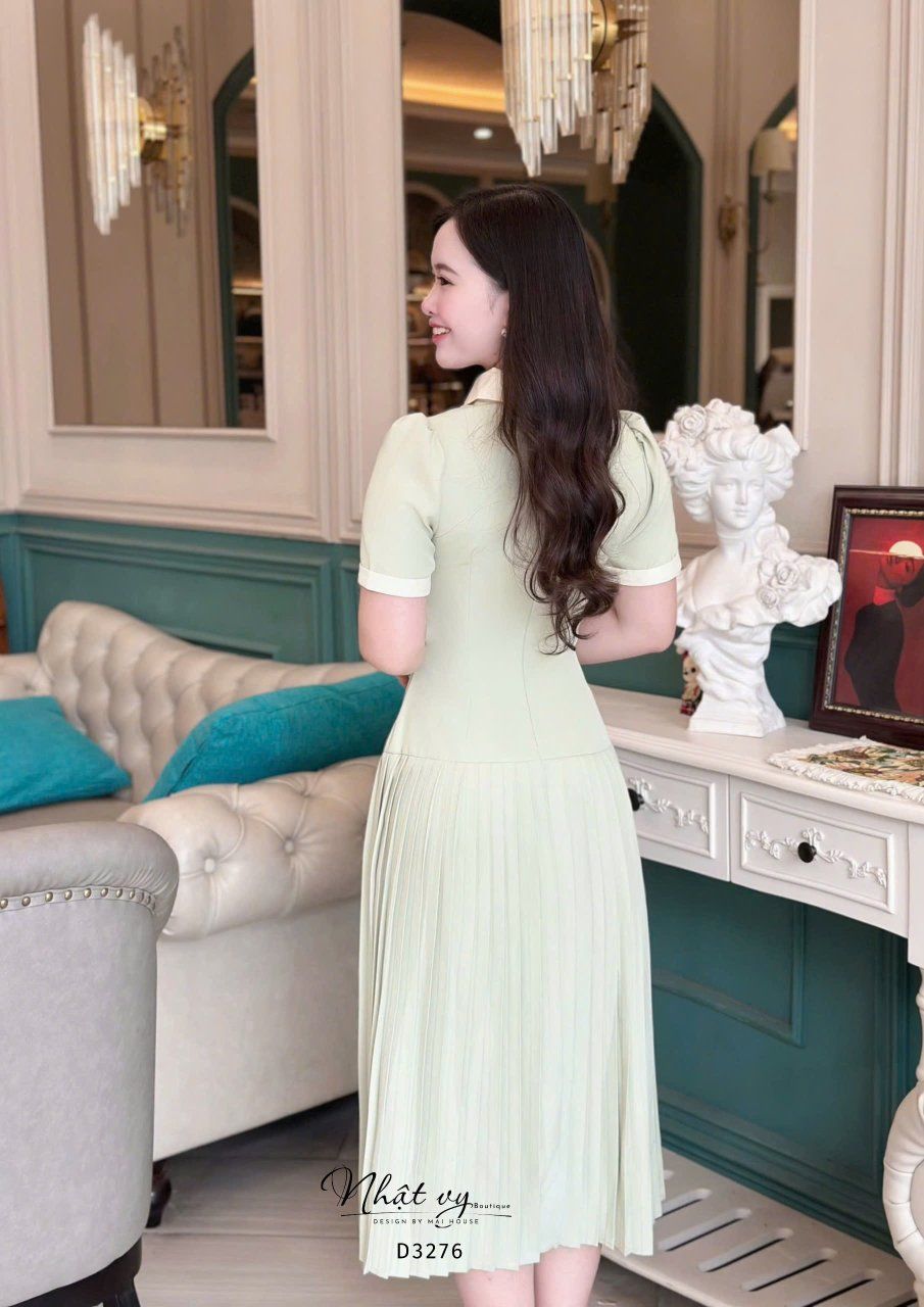  Đầm xếp ly dáng dài cổ tròn đính cúc bọc - D3276 