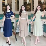  Đầm xếp ly dáng dài cổ tròn đính cúc bọc - D3276 