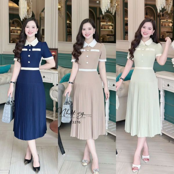  Đầm xếp ly dáng dài cổ tròn đính cúc bọc - D3276 