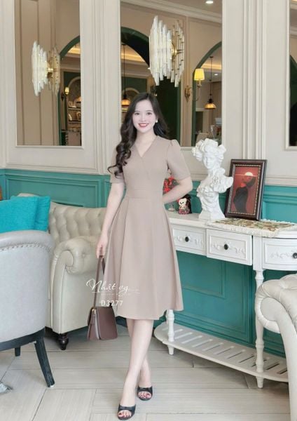  Đầm cổ V thắt dây eo liền form dáng xoè - D3277 